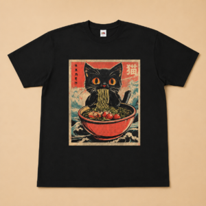 tee shirt premium fan art chat noir ramen vintage japonais